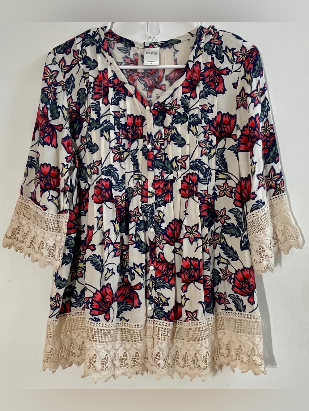 Blair Cream Tunic with Red Floral Print and Navy Green Leaves Size:S Boho